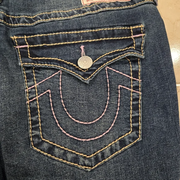 True Religion Women’s Jeans Joey Flap Flare Size 34 Y2K Blue Pink Thread Pockets - Picture 7 of 12